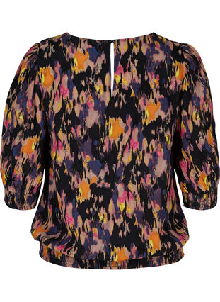 Printed viscose blouse with smock and 3/4 sleeved, Black AOP, Packshot image number 1