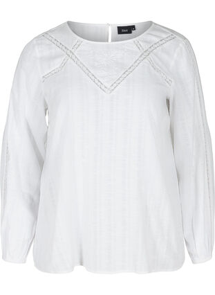 Cotton blouse with long sleeves and embroidery, Bright White, Packshot image number 0