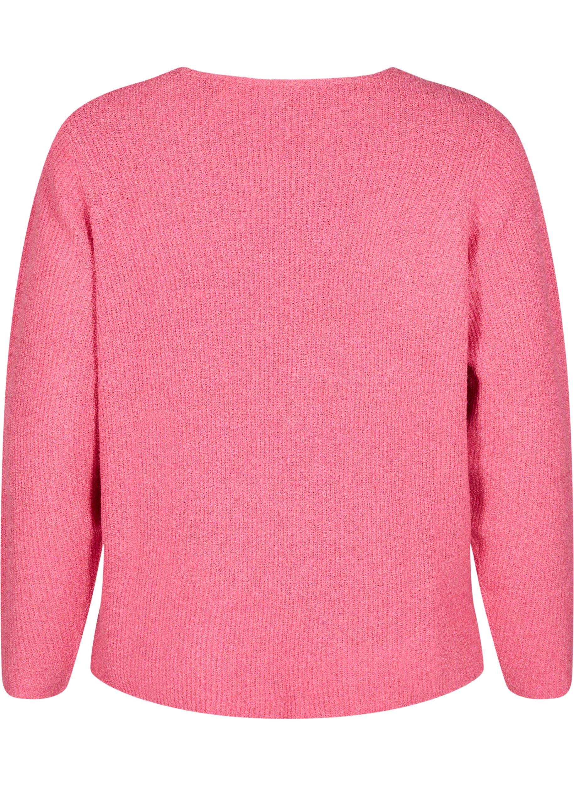 Zizzifashion Knitted blouse with v-neck and long sleeves, Bubblegum Wh. Mel., Packshot image number 1