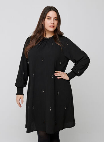 Long-sleeved dress with pearls and smocking, Black, Model image number 0