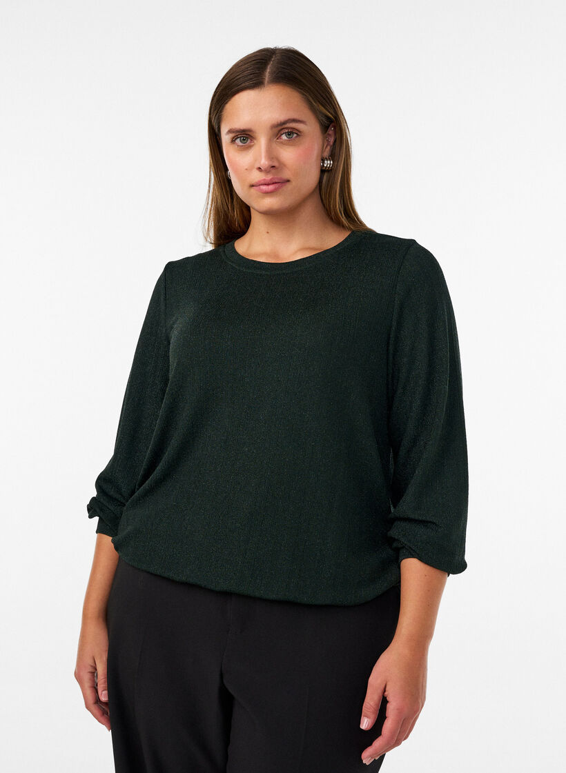 Blouse with vertical texture and glitter thread, Green, Model image number 0