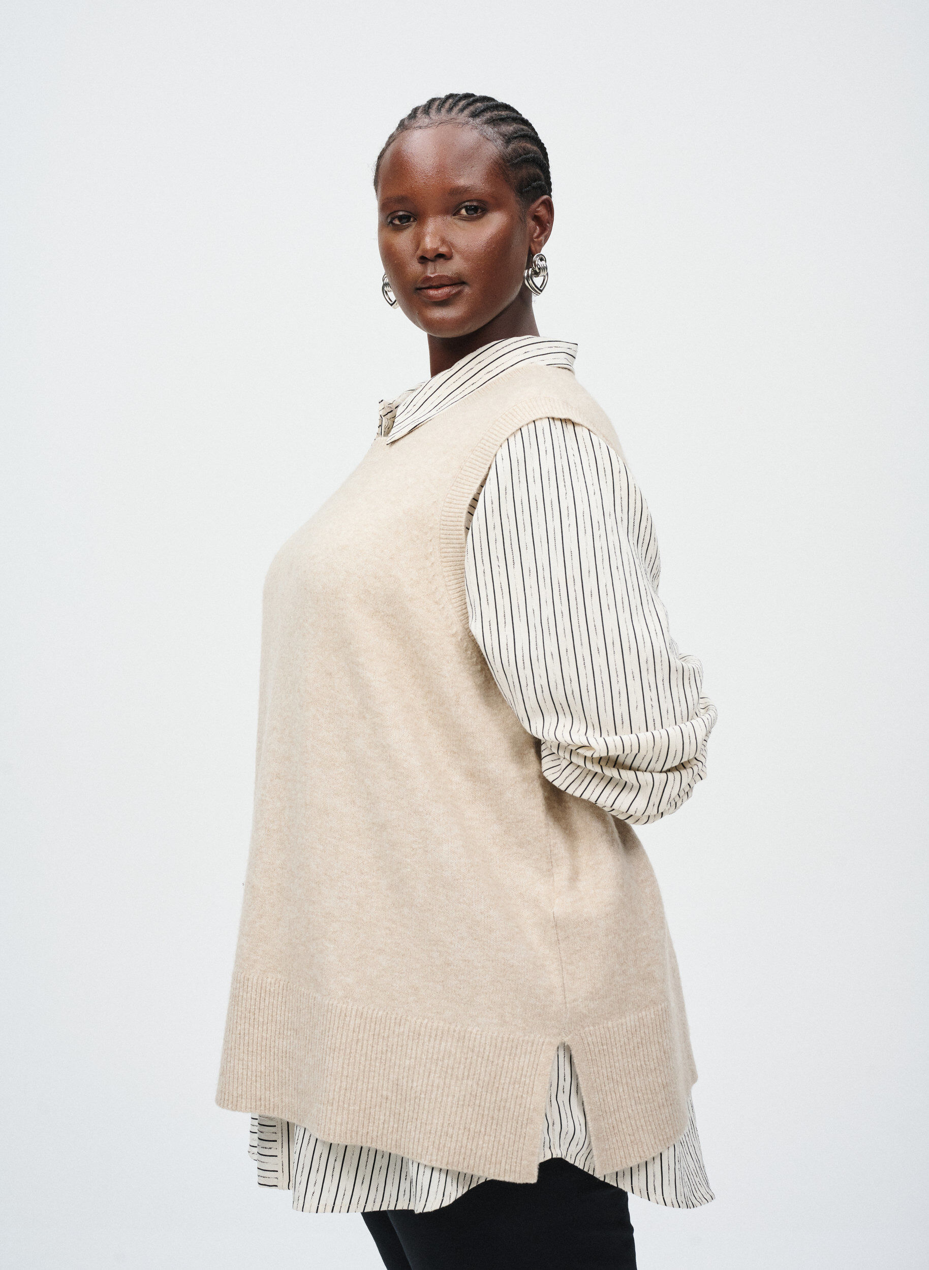ZizzifashionKnitted vest with ribbed edges, Beige, Image image number 0
