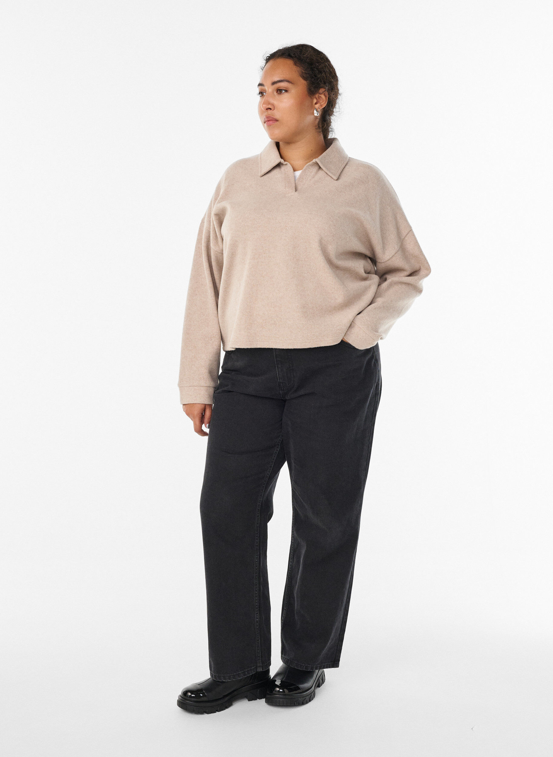 Zizzifashion Jersey blouse with collar and V-neck, Beige, Model image number 1