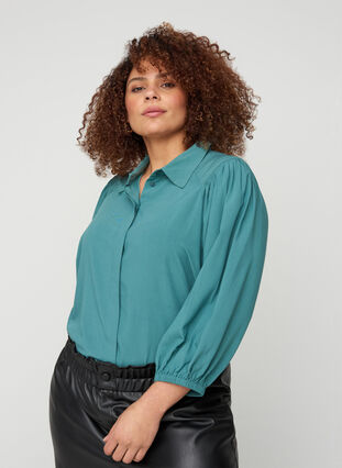 Viscose shirt with 3/4-length puff sleeves, Sea Pine, Model image number 0