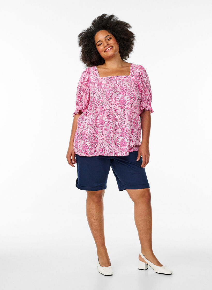 Viscose blouse with paisley print and a square neckline, Pink, Model image number 1