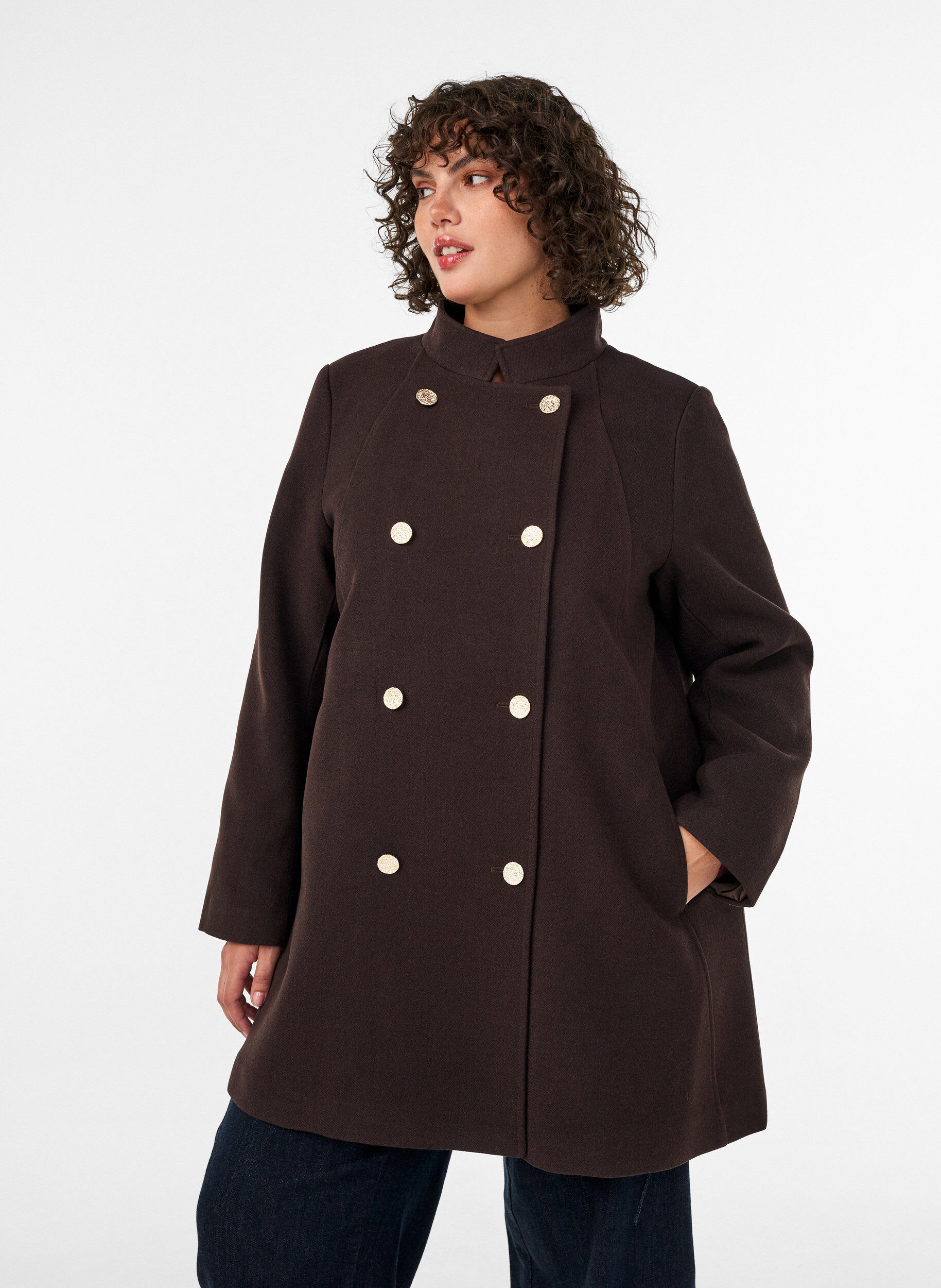 ZizzifashionA-line coat with gold buttons, Brown, Model image number 0
