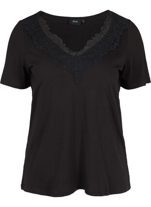 Cotton t-shirt with v-neck and lace, Black, Packshot image number 0