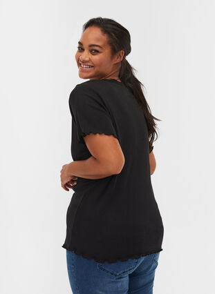 Short-sleeved, ribbed t-shirt with lace trim, Black, Model image number 1