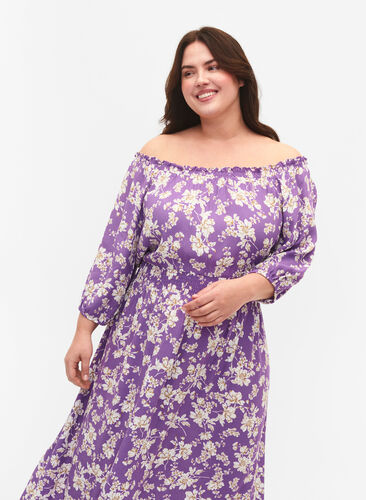 Floral off-shoulder midi dress in viscose, Purple Flower AOP, Model image number 1