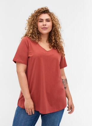 Basic t-shirt with v-neck, Marsala, Model image number 0