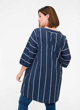 Striped cotton tunic with 3/4 sleeves, N.Sky w.White Stripe, Model image number 1