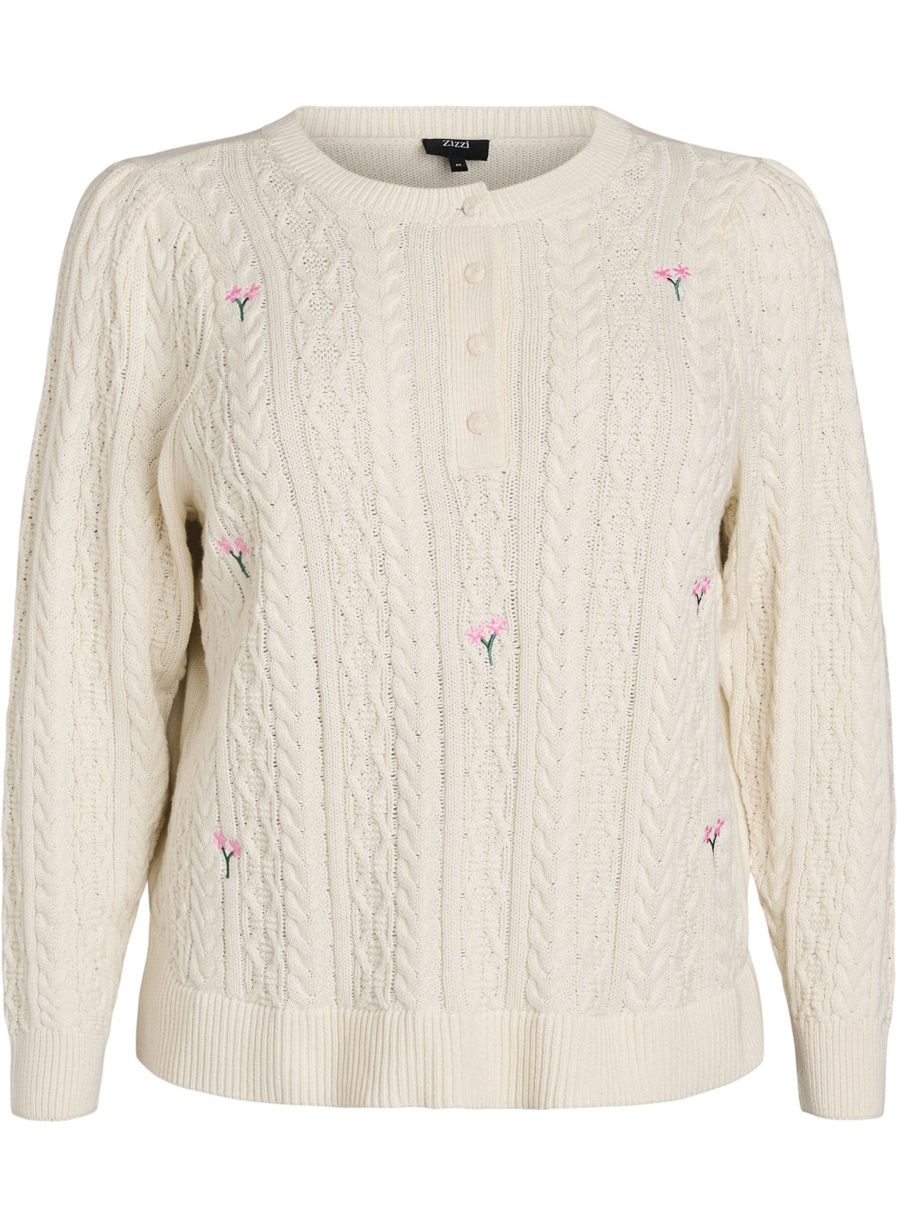 Knit blouse with cable pattern and embroidered flowers
