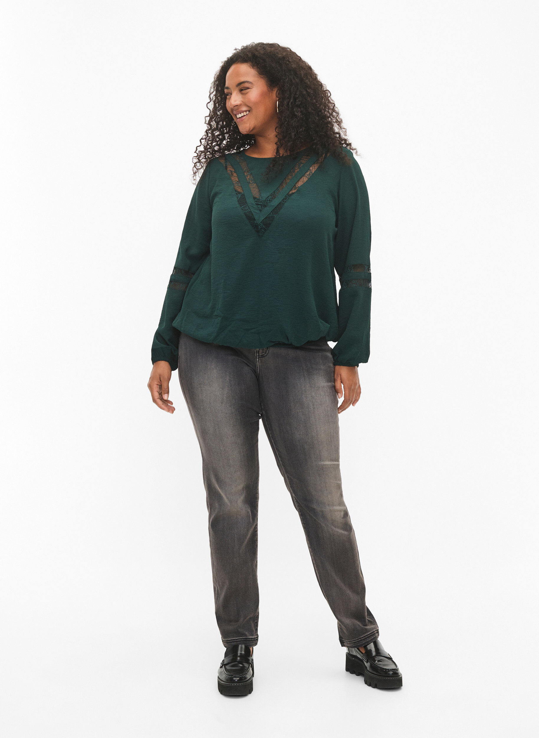 Zizzifashion Long-sleeved blouse with lace, Scarab, Model image number 2