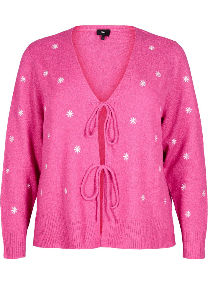 Knitted cardigan with tie details and embroidery, Raspberry Rose Comb, Packshot image number 0