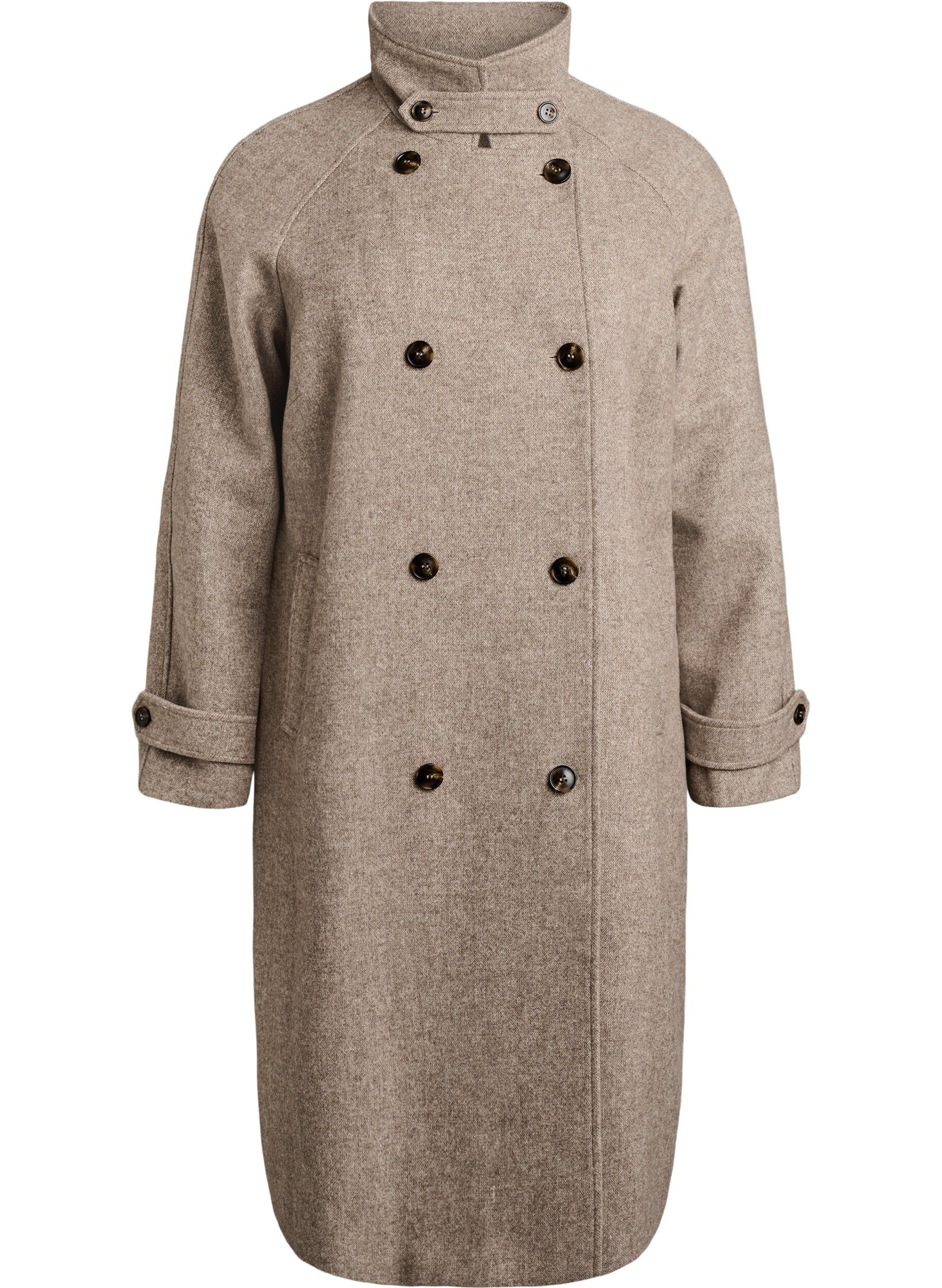 Long wool coat with a high collar and double-breasted design