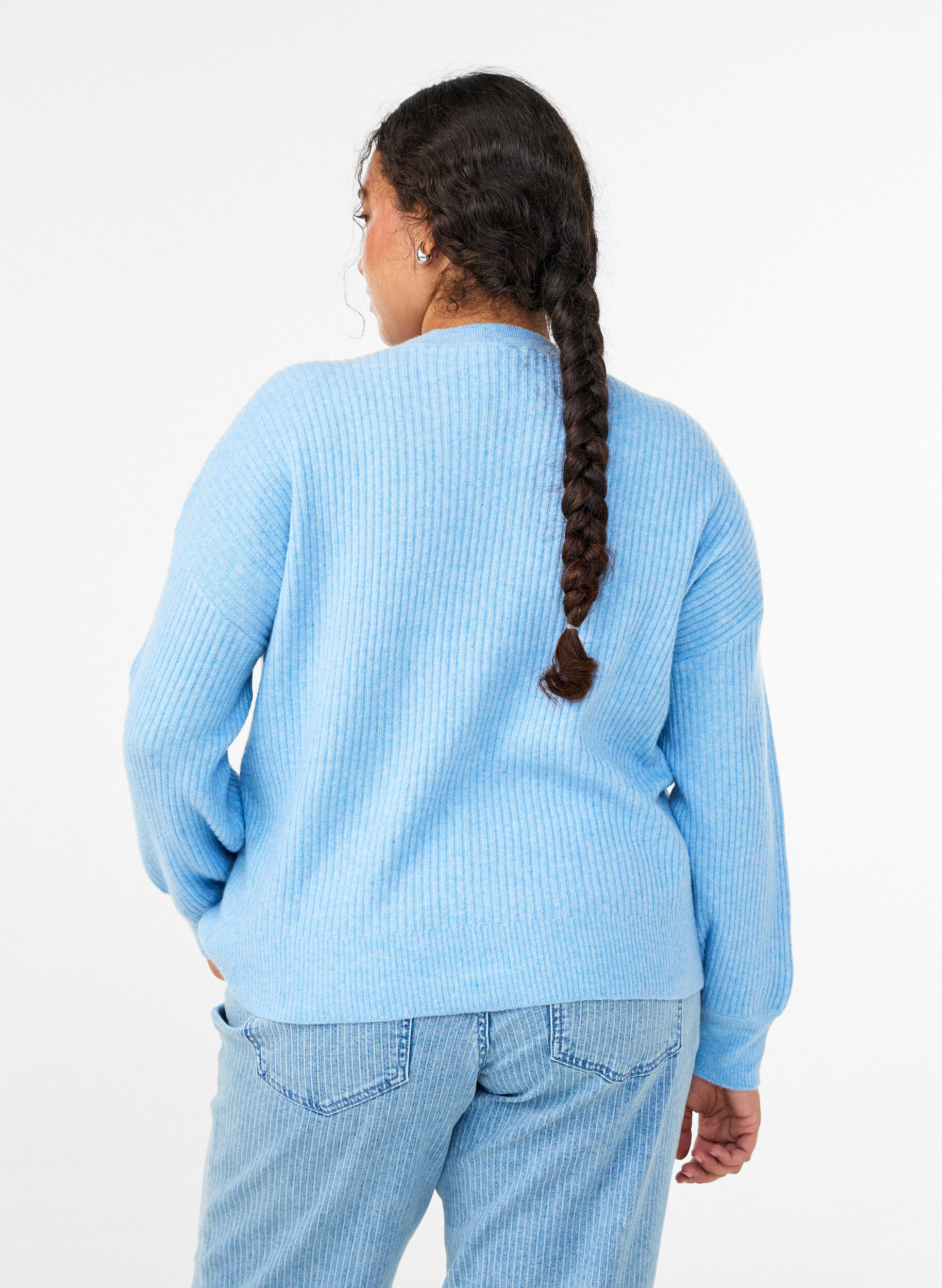ZizzifashionRibbed cardigan with buttons, Light Blue, Model image number 2