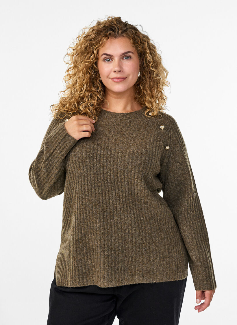 Ribbed jumper with decorative buttons, Brown, Model image number 0