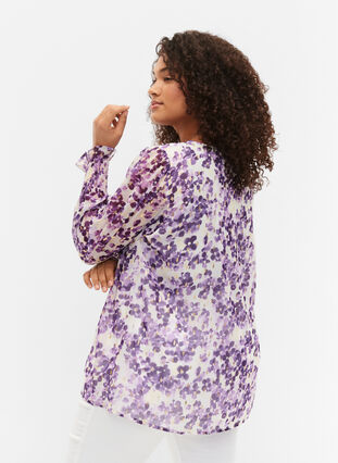 Floral blouse with long sleeves and v neck, Beige/Purple Flower, Model image number 1