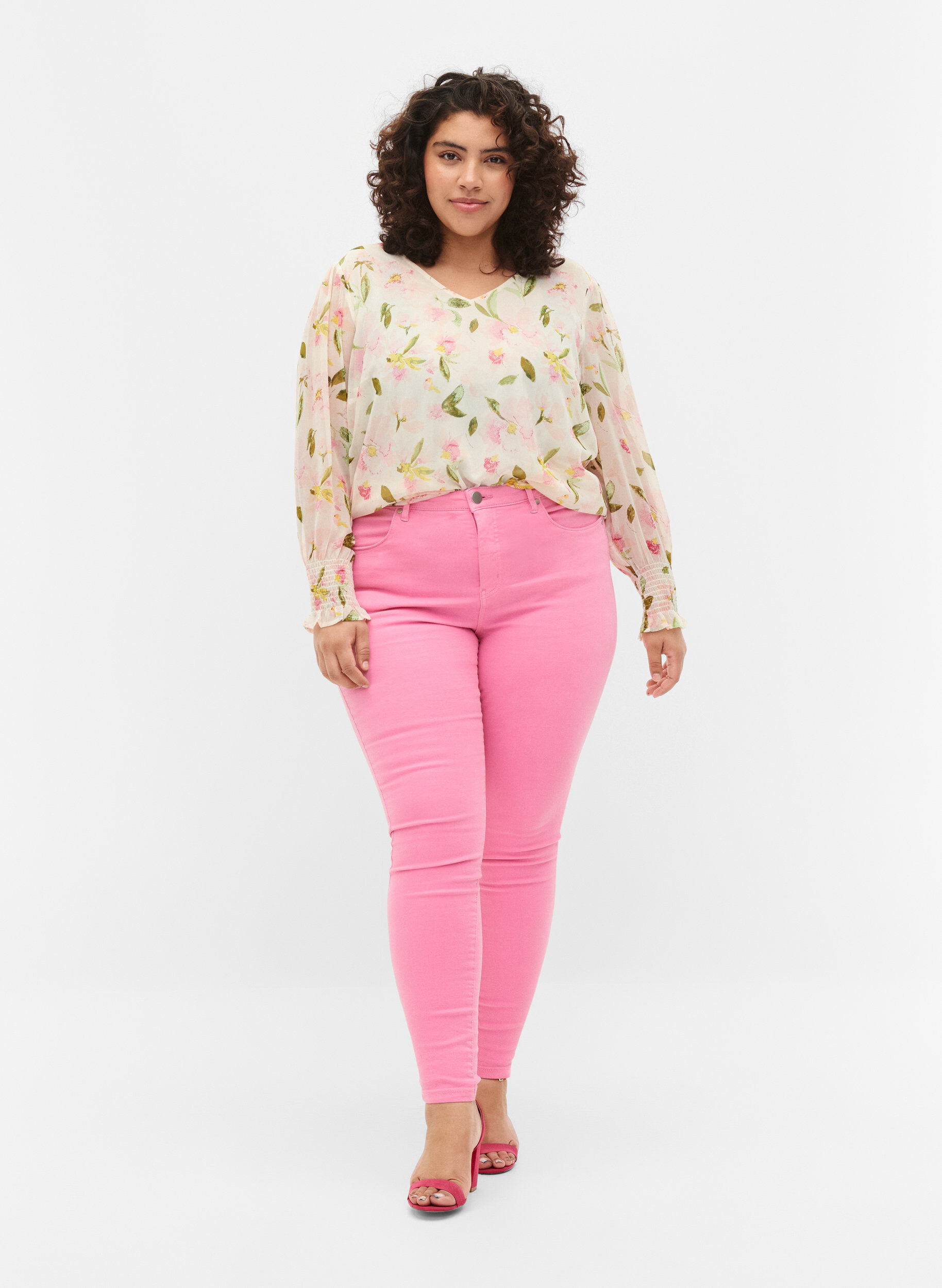Zizzifashion High waisted Amy jeans with super slim fit, Rosebloom, Model image number 0