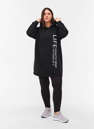Long sweatshirt with a hood and print details, Black, Model image number 2