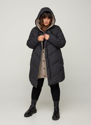 Long reversible jacket with a hood, Black COMB, Model image number 3