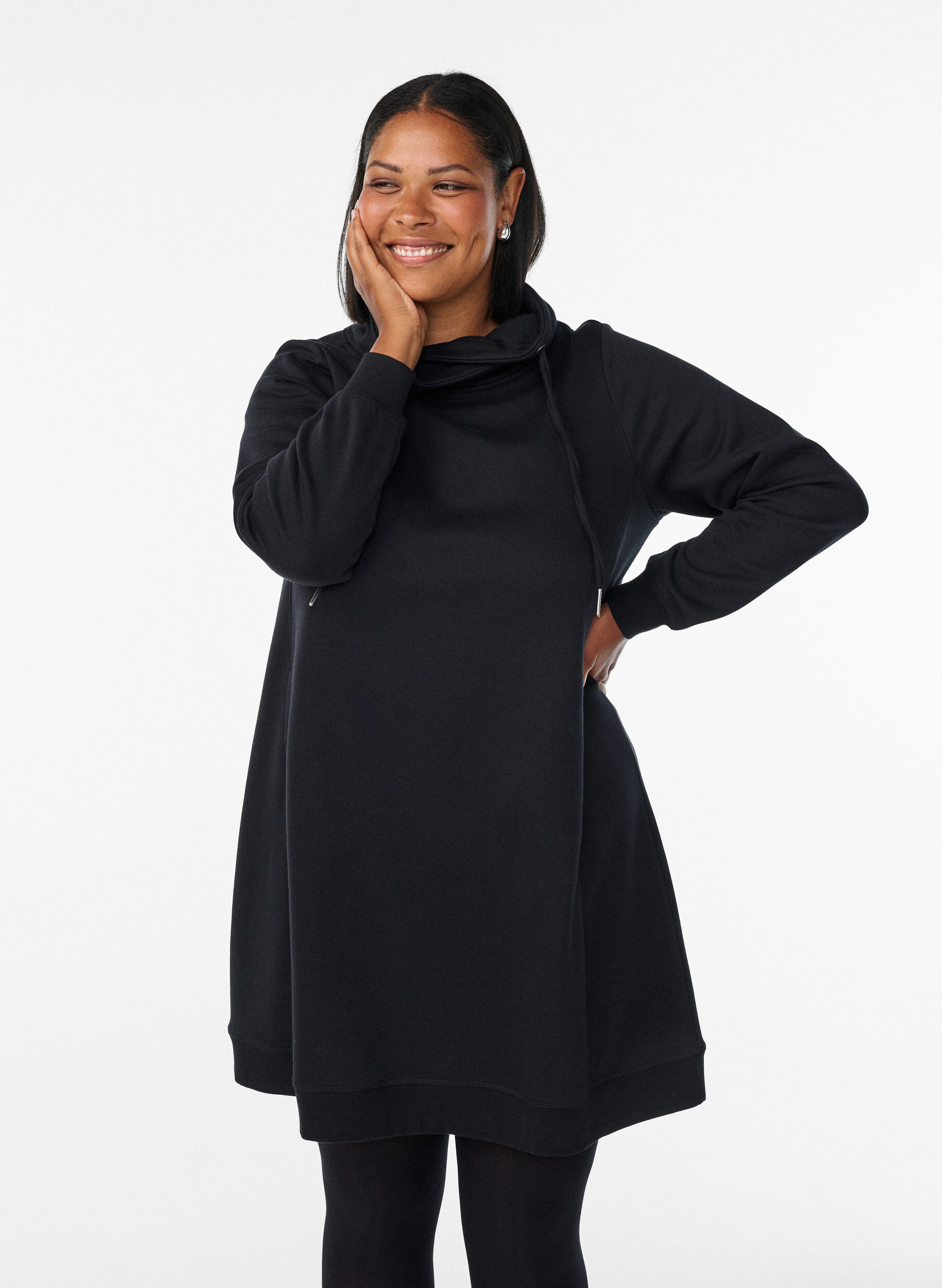 ZizzifashionShort sweatshirt dress with high collar and pockets, Black, Model image number 0