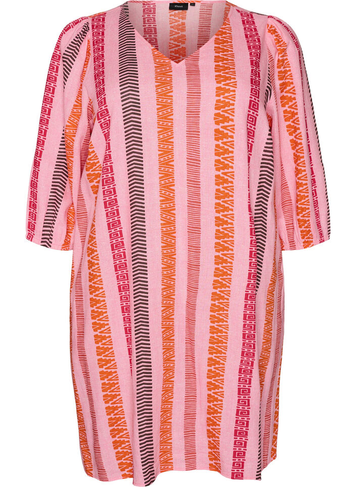 Short dress in linen and viscose with 3/4 sleeves, Pink, Packshot image number 0