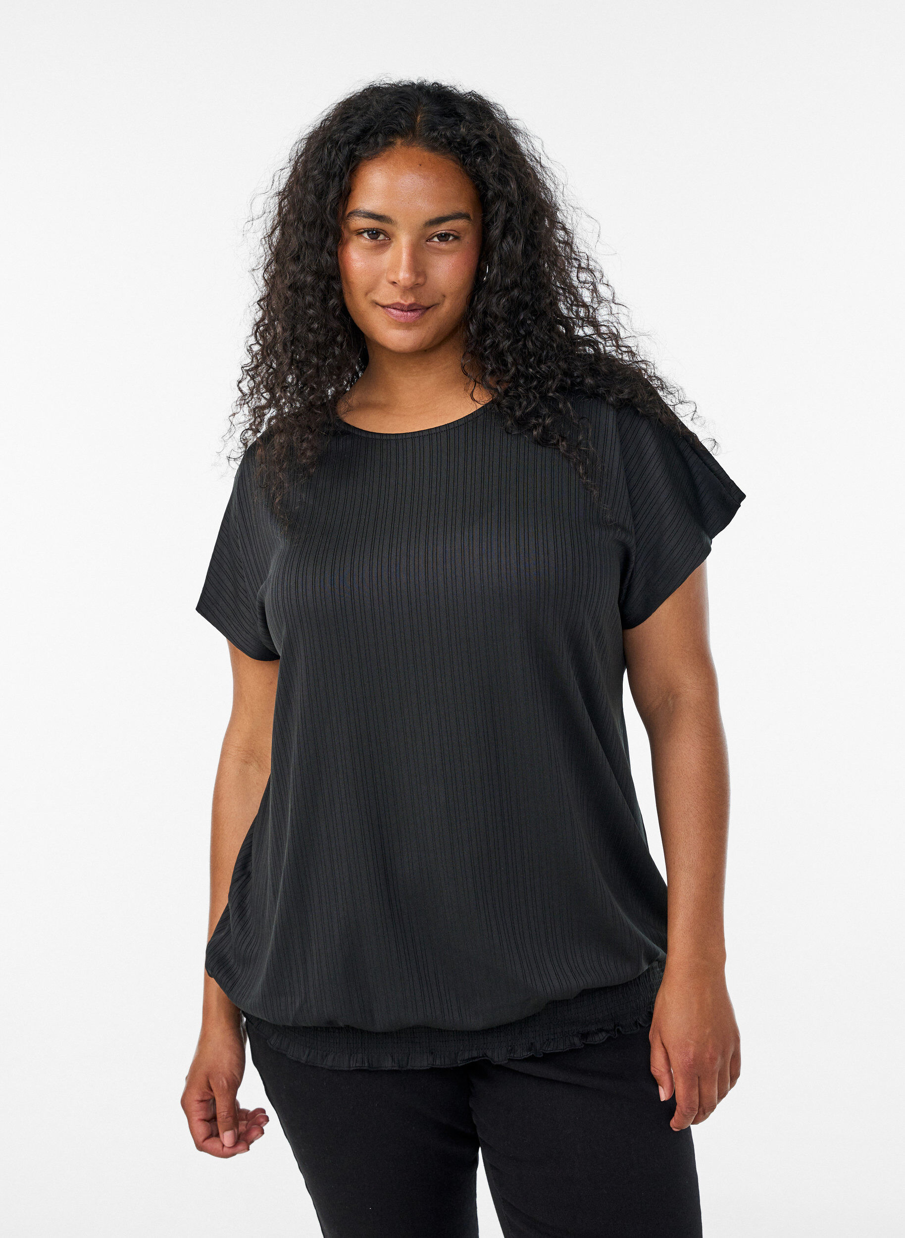 Jersey blouse with textured stripes and a smocked hem, Black, Model