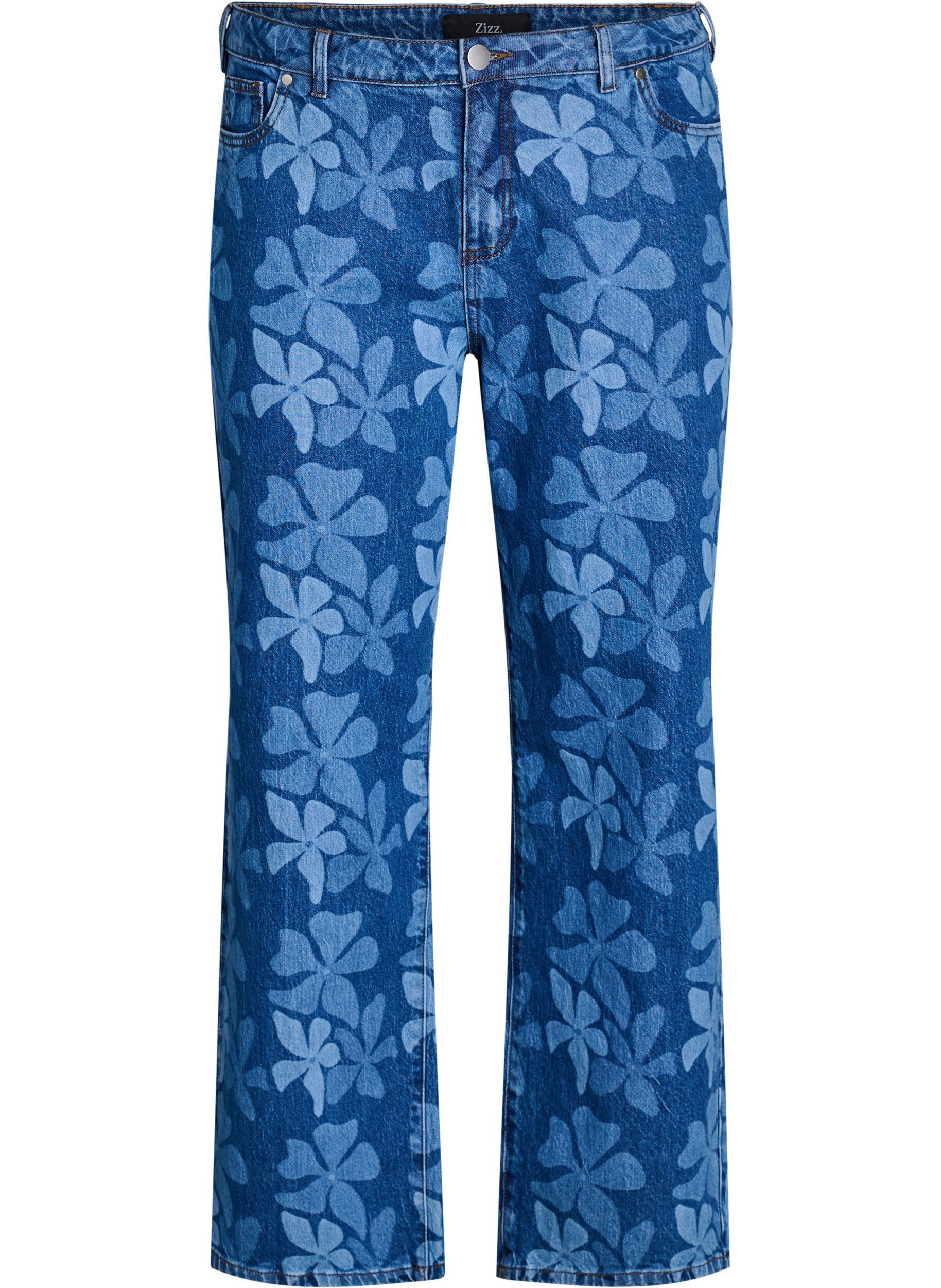 Zizzifashion Myra jeans in floral denim with a wide fit, Blue, Packshot image number 0