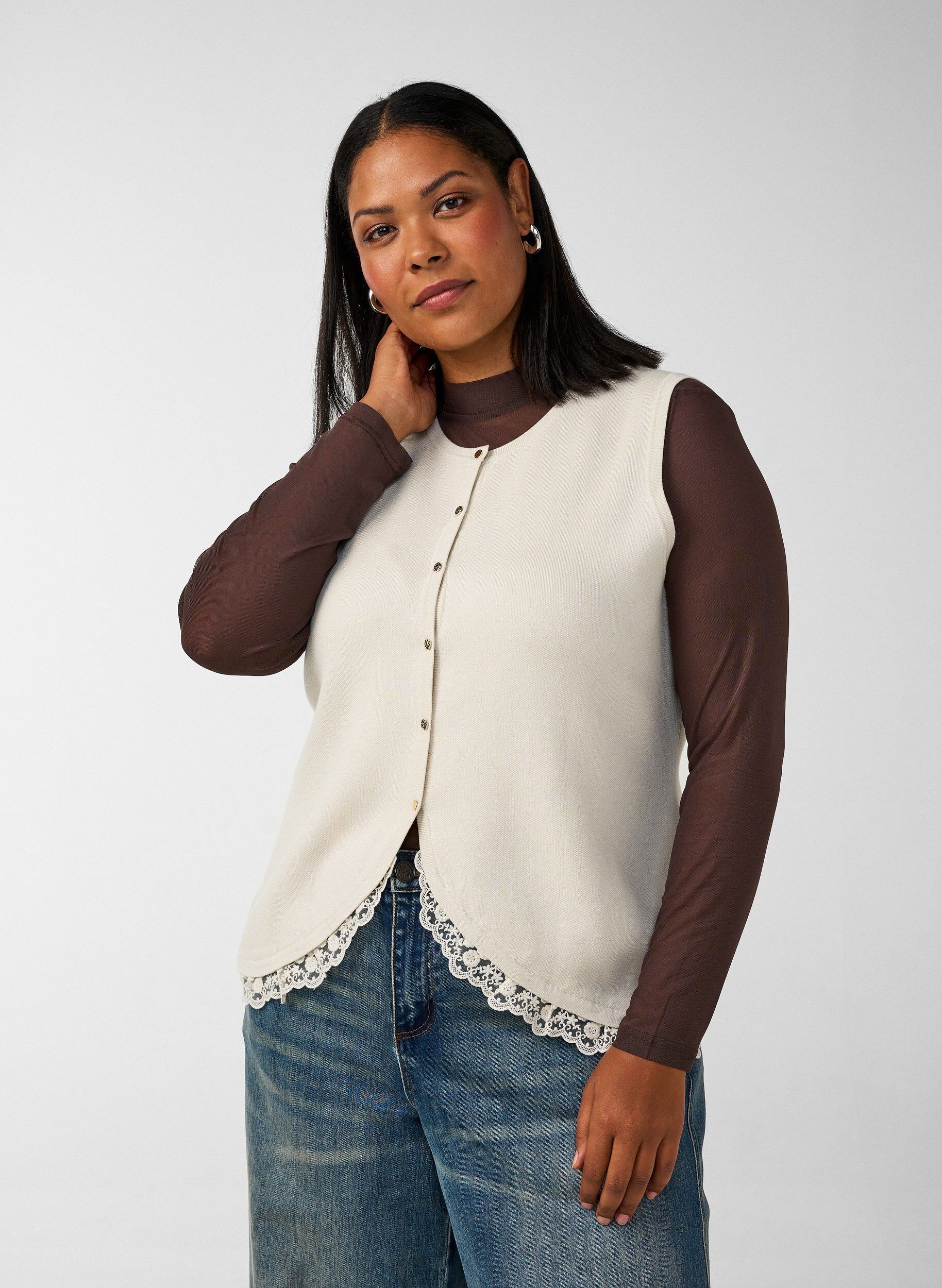 ZizzifashionKnitted vest with lace trim, Vanilla, Model image number 0