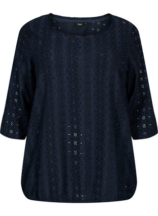 Blouse with embroidery anglaise and 1/2 sleeves, Navy Blazer, Packshot image number 0