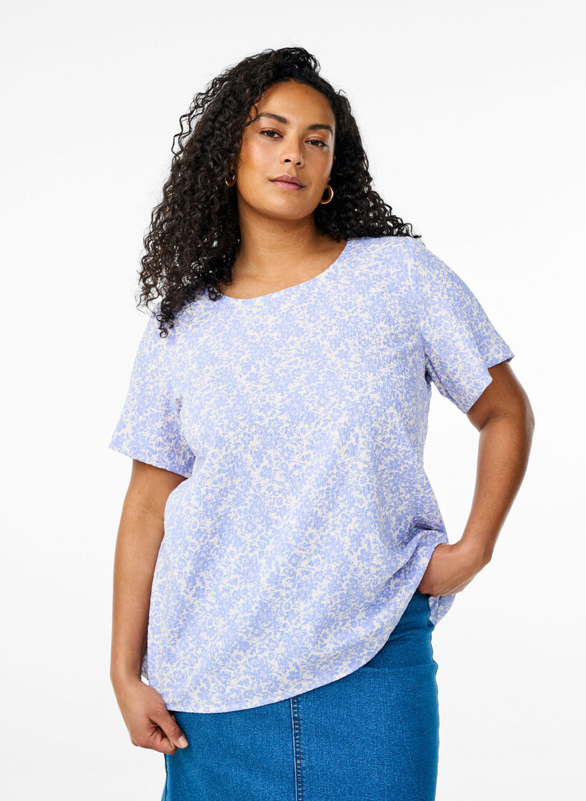 FLASH - Short-sleeved blouse with texture, Blue, Model image number 0