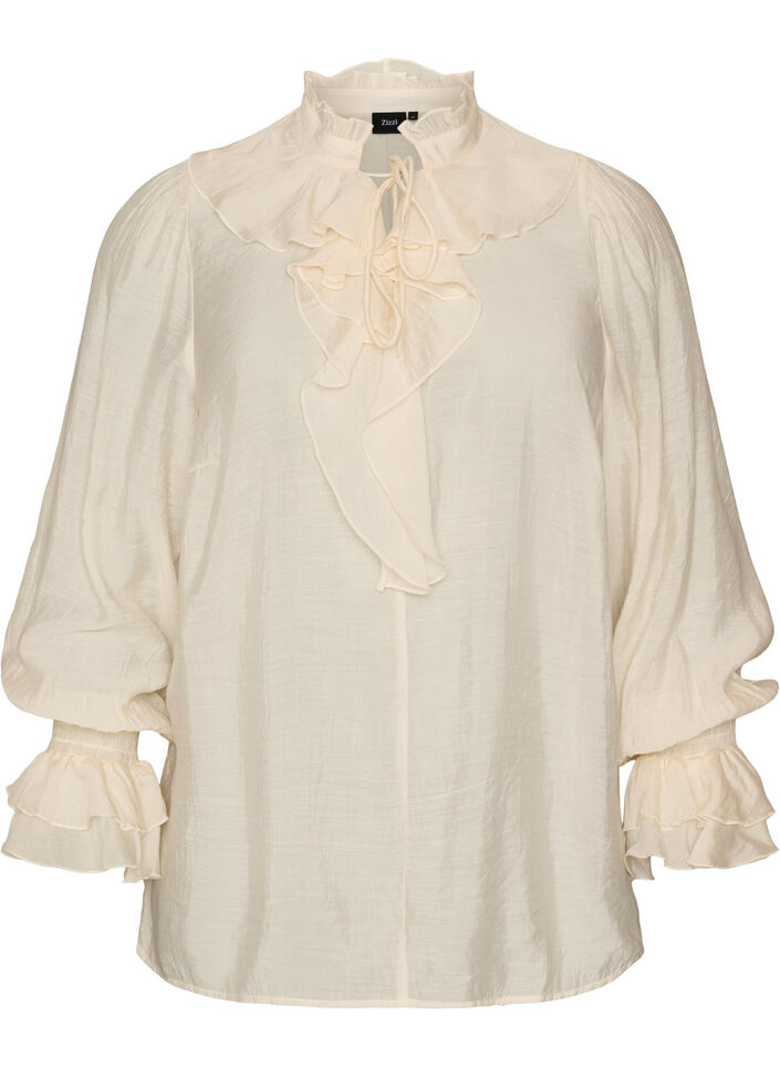 Viscose blouse with ruffles and long sleeves, Vanilla, Packshot image number 0
