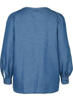 Blouse with long puff sleeves and buttons, Blue denim, Packshot image number 1