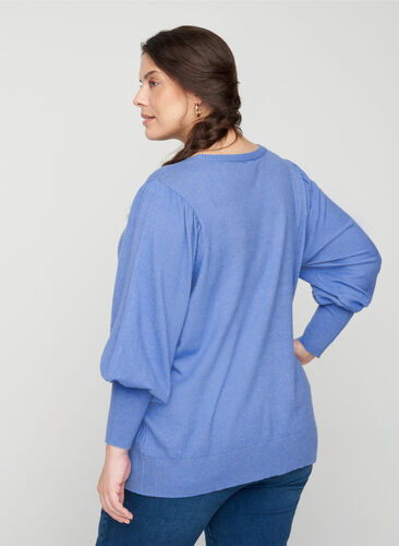 Knitted top with round neck and balloon sleeves , Ultramarine Mel., Model image number 1