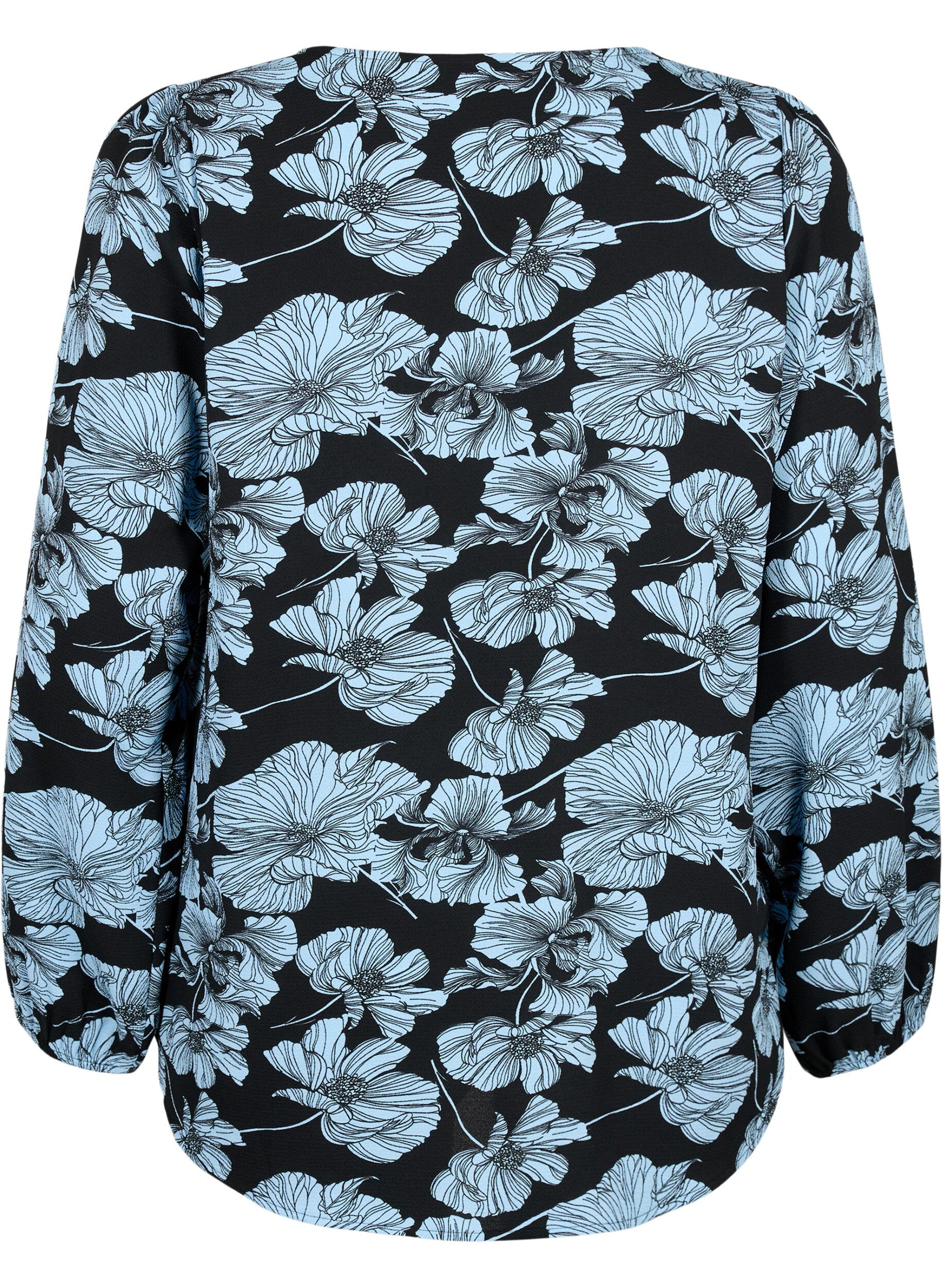 Zizzifashion Shirt blouse with v-neck and print, Black B. Flower AOP, Packshot image number 1