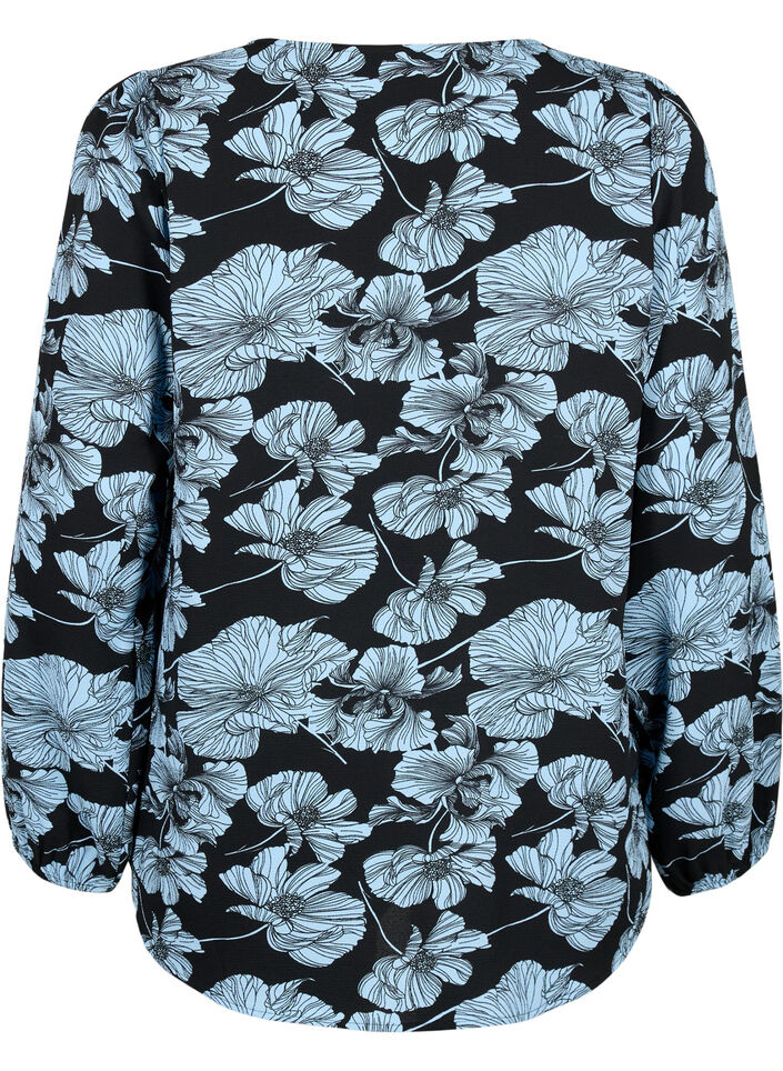 Shirt blouse with v-neck and print, Black B. Flower AOP, Packshot image number 1