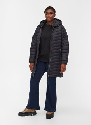 Quilted lightweight jacket with detachable hood and pockets, Black, Model image number 2