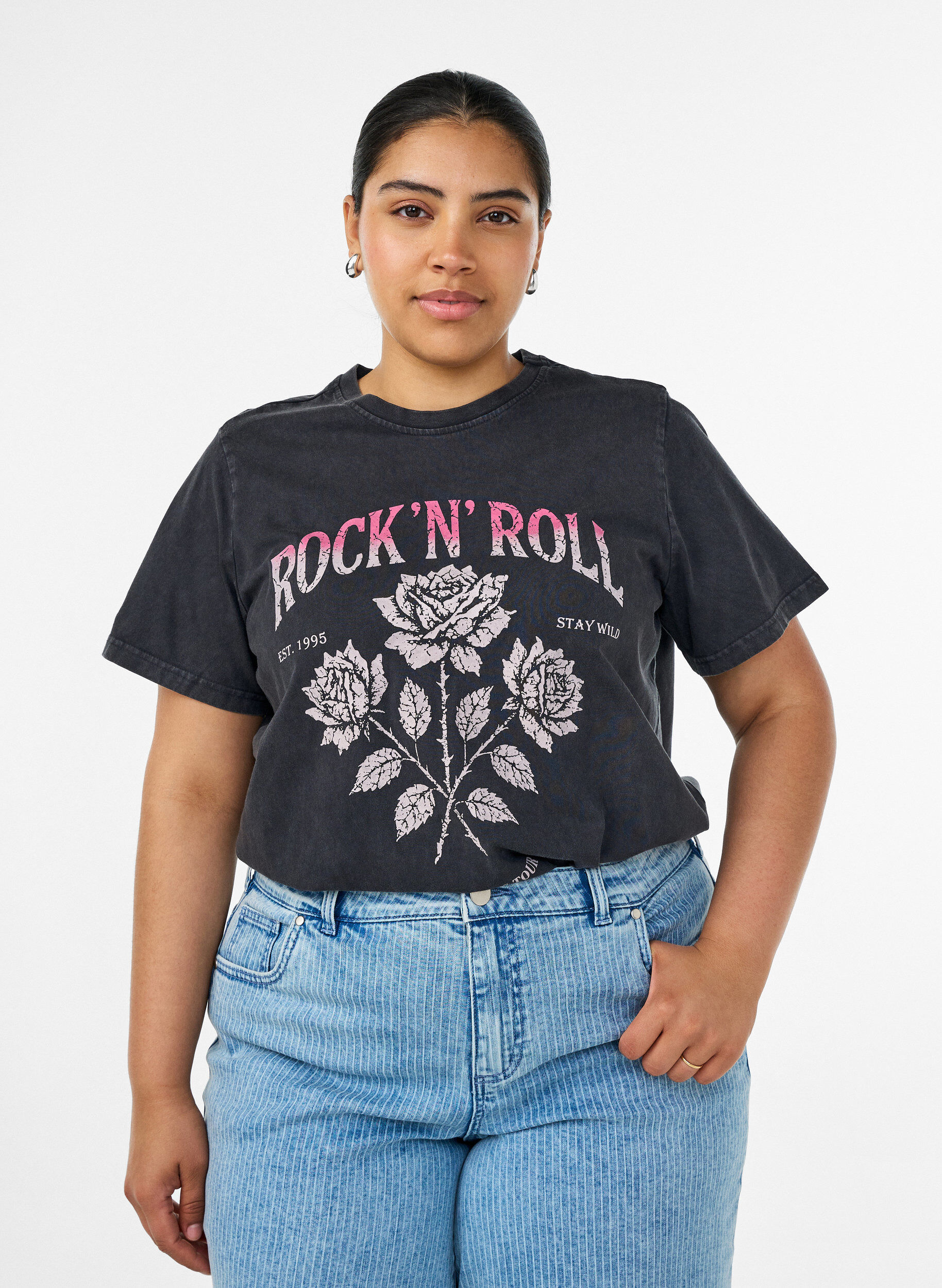 Zizzifashion Organic cotton T-shirt with rock print, Black, Model image number 0