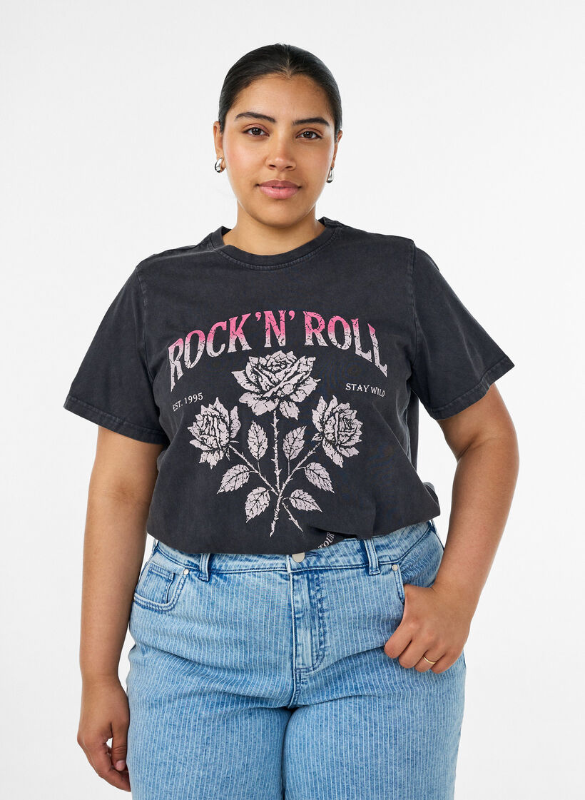 Organic cotton T-shirt with rock print, Black, Model image number 0