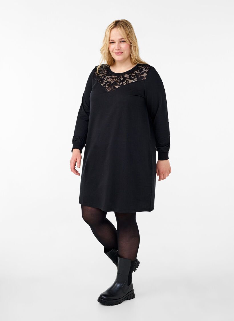 Short sweat dress with lace detail, Black, Model image number 2