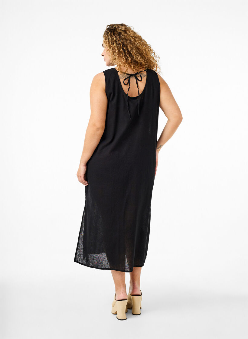 Sleeveless cotton blend dress with linen, Black, Model image number 1