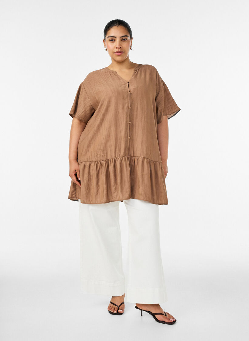 Loose tunic with crinkled texture and ruffle hem, Brown, Model image number 1