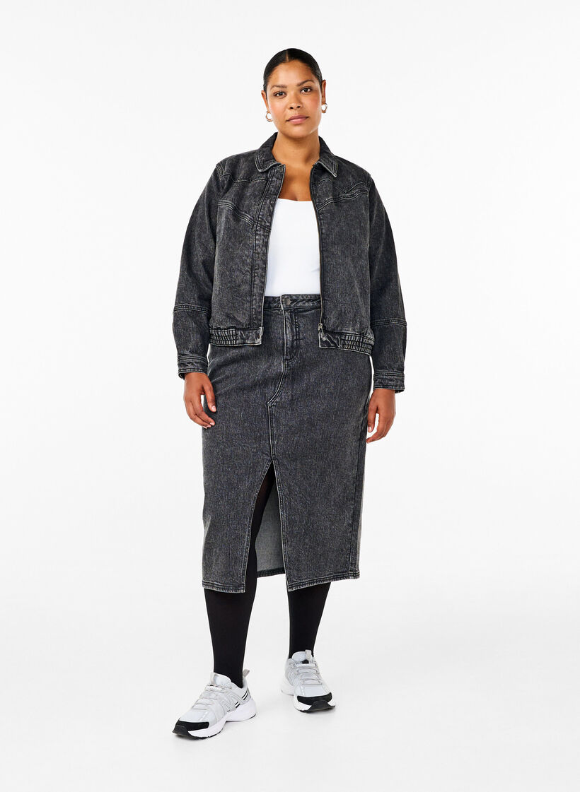 Denim skirt with front slit, Dark Grey Denim, Model image number 0