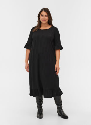 2/4 sleeve ruffle midi dress, Black, Model image number 0