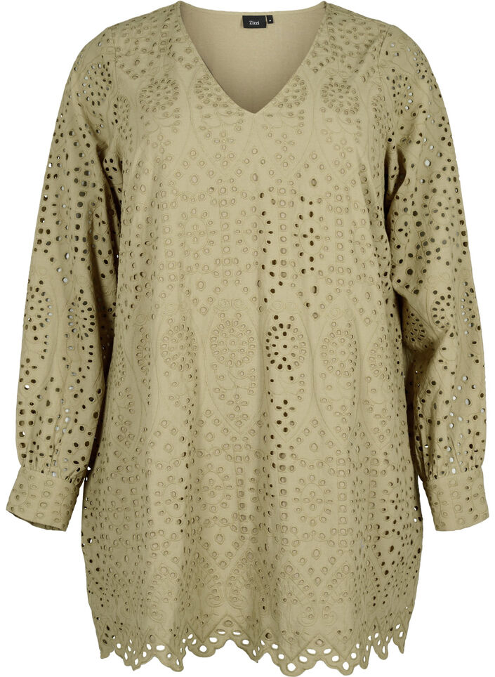Cotton tunic with broderie anglaise, Coriander, Packshot image number 0