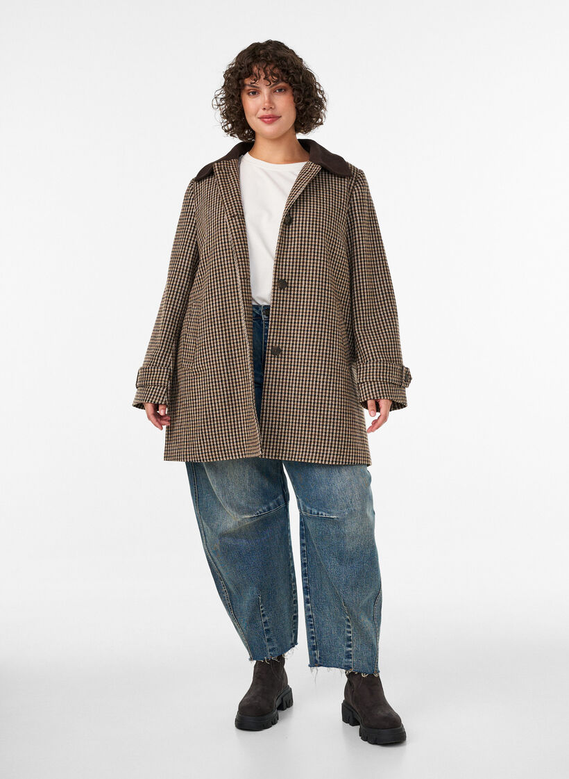Checked coat with corduroy collar, Brown, Model image number 1