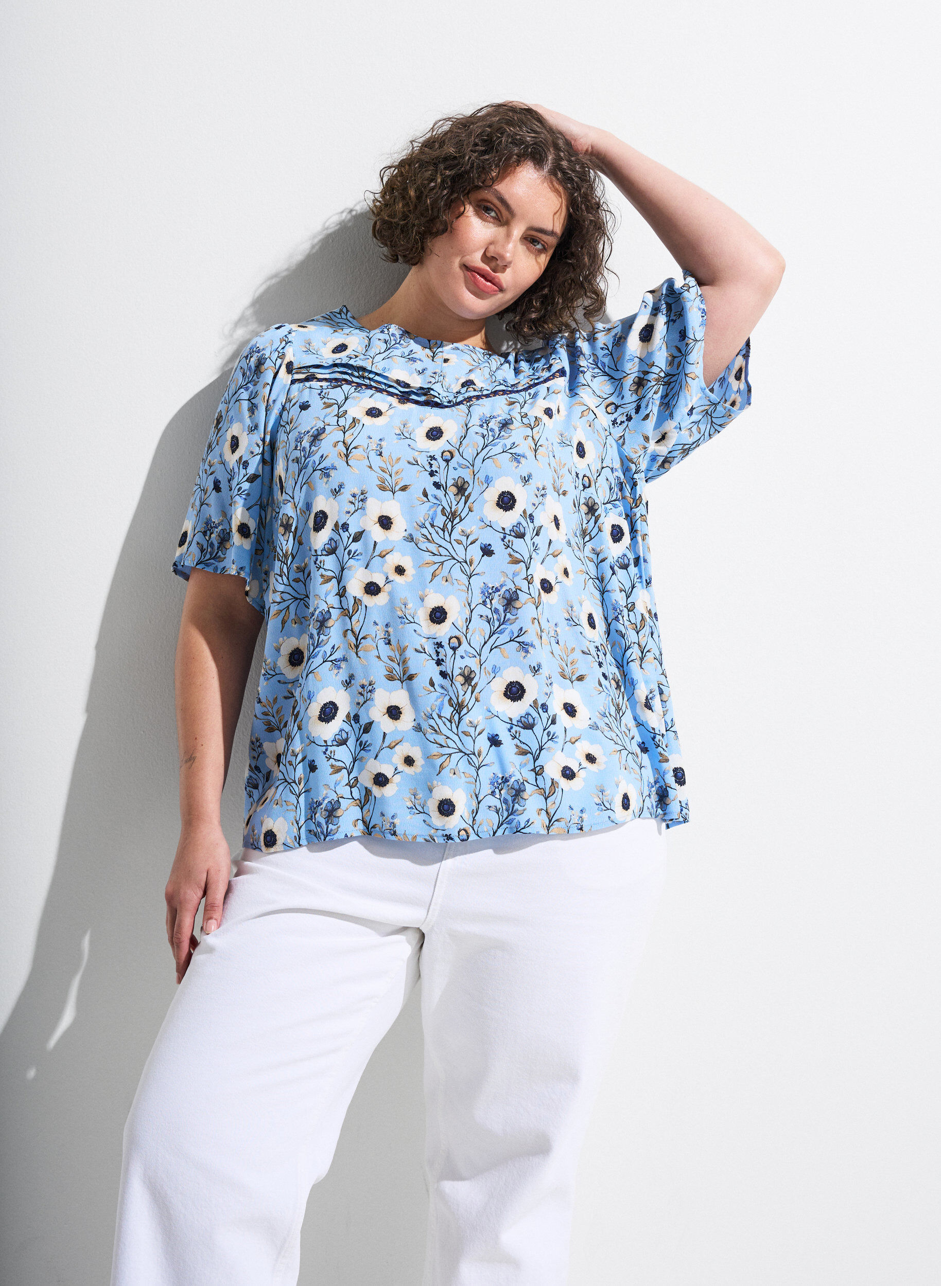 ZizzifashionFloral blouse with short sleeves, Blue, Image image number 0