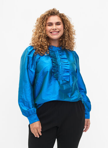 Shiny shirt blouse with ruffles, Diva Blue, Model image number 0