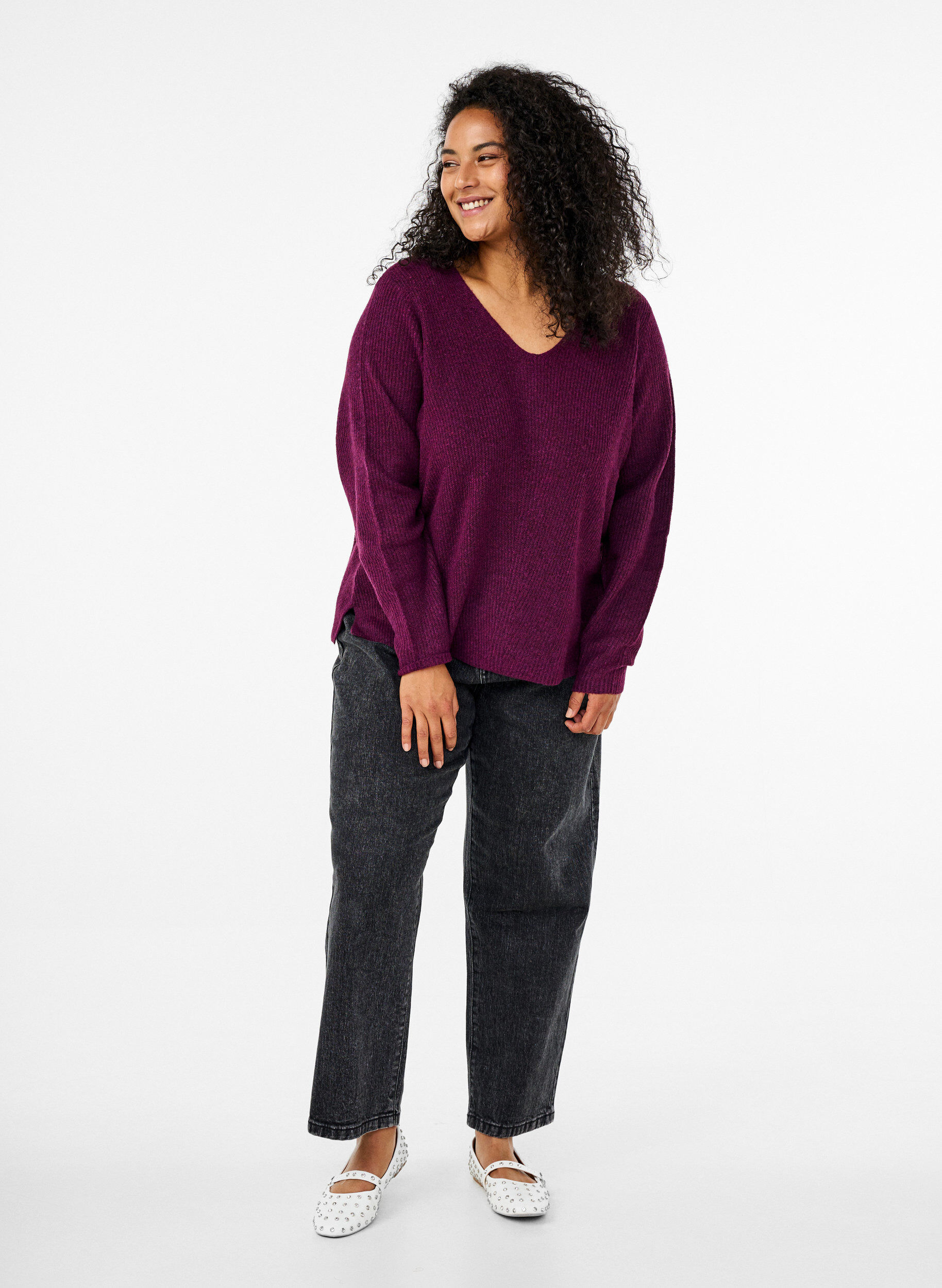 Zizzifashion Knitted blouse with v-neck and long sleeves, Potent P. Black Mel., Model image number 2